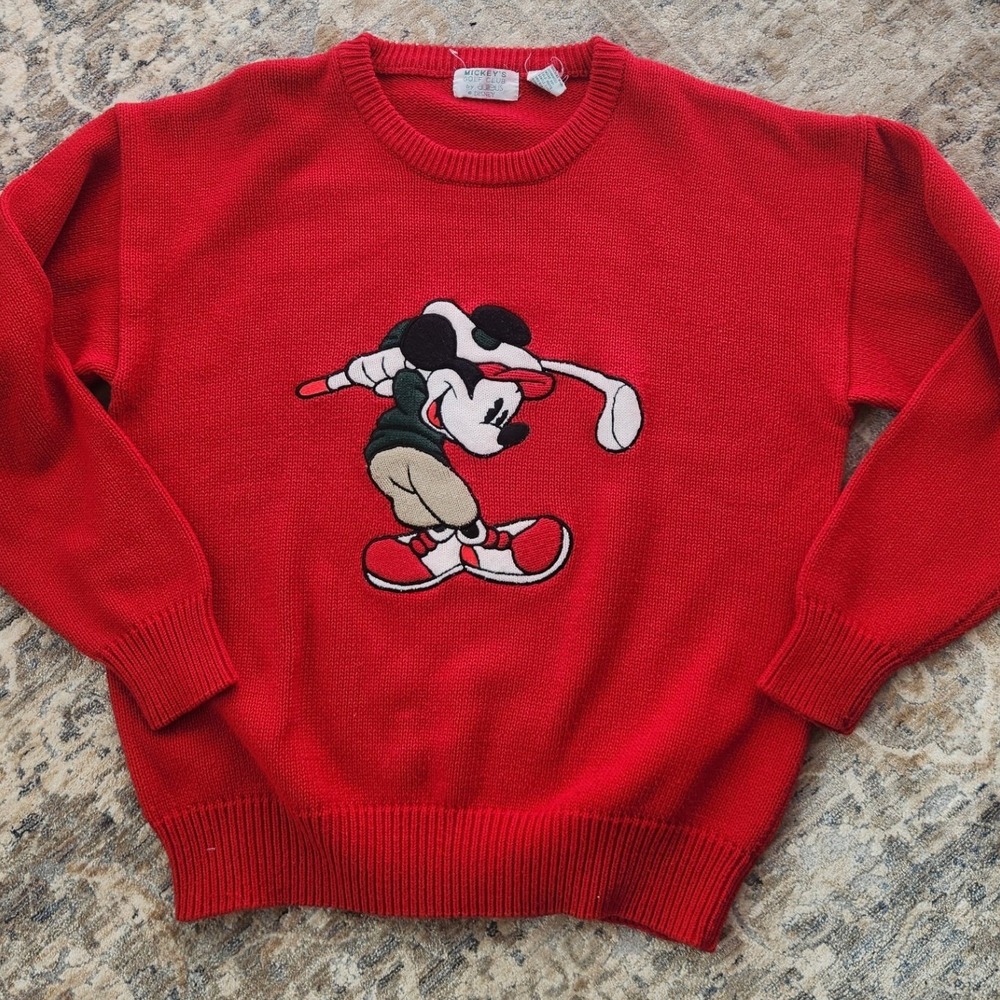 Mickey's Golf Club Aureus Sweater Unisex Medium Red Vintage Disney Knit EUC